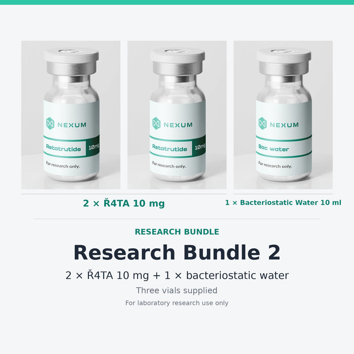 Research Bundle 2 contents: two Retatrutide 10 mg vials and one bacteriostatic water 10 ml vial